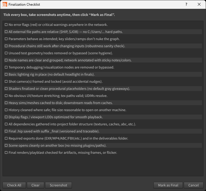 Finalization Checklist shelf tool UI
