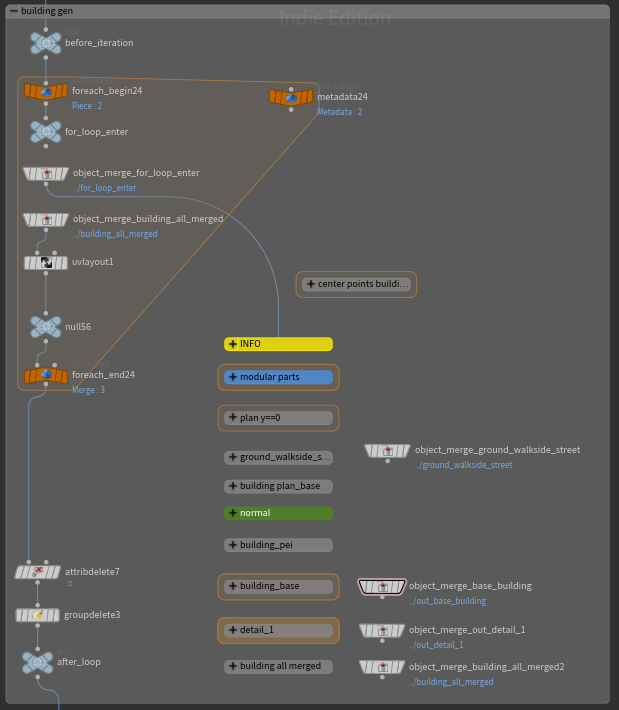 Houdini node graph for building generation